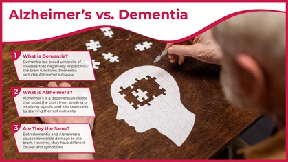 Many people use the terms Alzheimer's and dementia interchangeably. Though these conditions both cause degenerative issues in the brain, they are not the same. It is important to know their differences, so that you can take preventative action. 