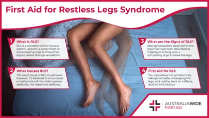 Restless Legs Syndrome (RLS) is a nervous system disorder. People living with RLS experience strange sensations in their legs, and an uncontrollable urge to move their legs. It is important to know first aid for RLS, as it can lead to sleep deprivation.